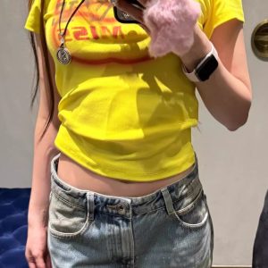 Korean Style Color-Blocking Letter Print Fitted Short-Sleeve Cotton T-Shirt for Women - High-Stretch Slim Fit 25SS