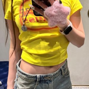 Korean Style Color-Blocking Letter Print Fitted Short-Sleeve Cotton T-Shirt for Women - High-Stretch Slim Fit 25SS