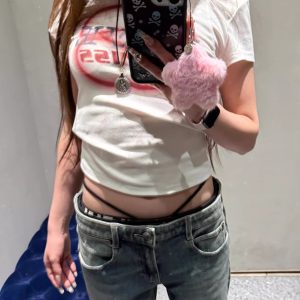 Korean Style Color-Blocking Letter Print Fitted Short-Sleeve Cotton T-Shirt for Women - High-Stretch Slim Fit 25SS