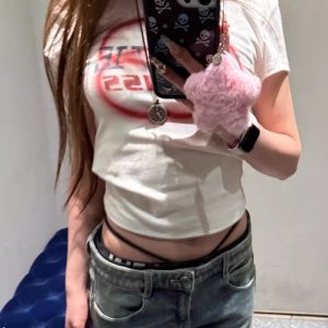 Korean Style Color-Blocking Letter Print Fitted Short-Sleeve Cotton T-Shirt for Women - High-Stretch Slim Fit 25SS