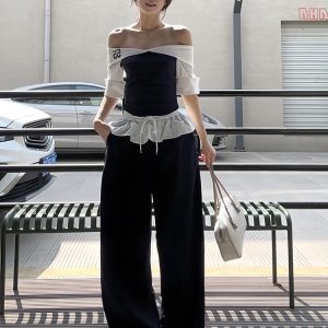 Korean-Style Color-Blocking One-Shoulder Sports Suit for Women, Summer Ruffled Hem Top & Curved Pants Two-Piece Set
