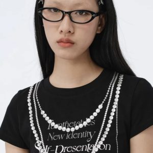 Korean Style Creative Pearl Necklace Slogan Short-Sleeved Slim-Fit High-Stretch Cotton T-Shirt