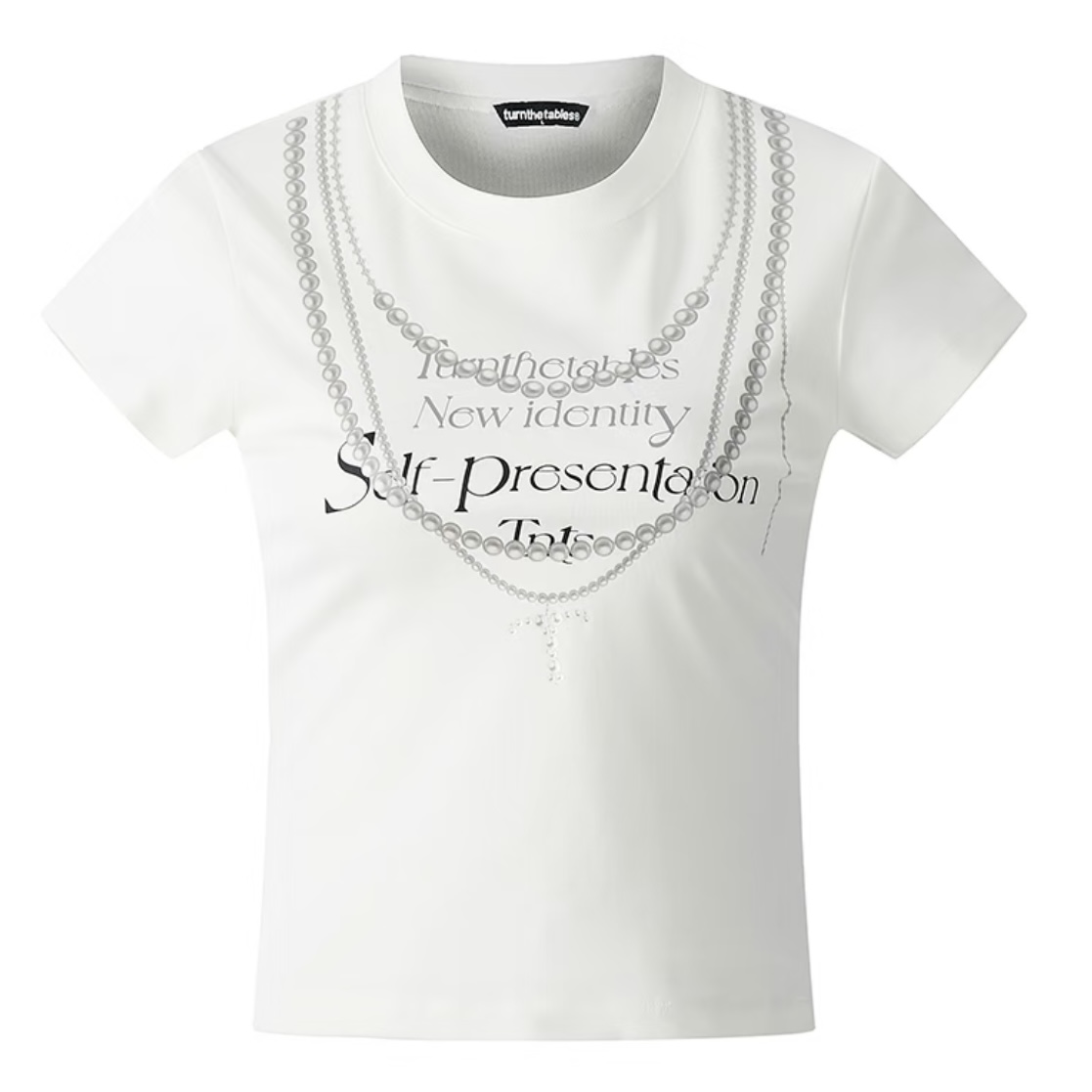 Korean Style Creative Pearl Necklace Slogan Short-Sleeved Slim-Fit High-Stretch Cotton T-Shirt