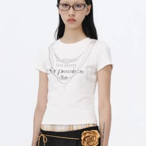 Korean Style Creative Pearl Necklace Slogan Short-Sleeved Slim-Fit High-Stretch Cotton T-Shirt