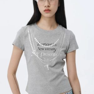Korean Style Creative Pearl Necklace Slogan Short-Sleeved Slim-Fit High-Stretch Cotton T-Shirt