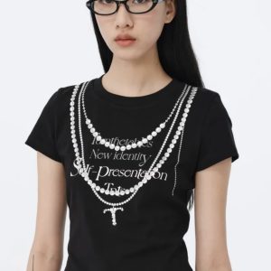 Korean Style Creative Pearl Necklace Slogan Short-Sleeved Slim-Fit High-Stretch Cotton T-Shirt
