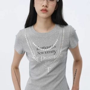 Korean Style Creative Pearl Necklace Slogan Short-Sleeved Slim-Fit High-Stretch Cotton T-Shirt