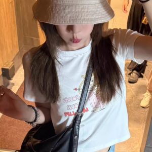 Korean Style Cupid Cartoon Print Off-Shoulder Cropped Slim-Fit Lightweight Cotton Short-Sleeve T-Shirt for Trendy Looks