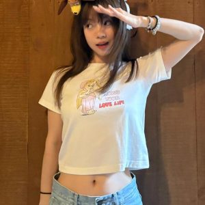 Korean Style Cupid Cartoon Print Off-Shoulder Cropped Slim-Fit Lightweight Cotton Short-Sleeve T-Shirt for Trendy Looks