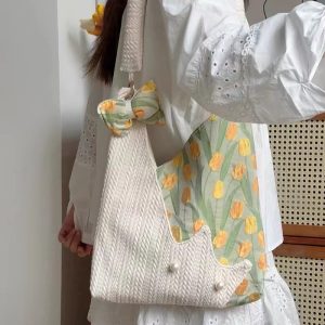 Korean-Style Cute Cat Tulip Crossbody Tote Bag, Large Capacity Shoulder Bag, Niche Design Underarm Bag