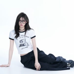 Korean Style Cute Gray Short-Sleeve T-Shirt for Women, Slim Fit Flattering Sweet Girl Top, Casual Y2K Fashion Tee