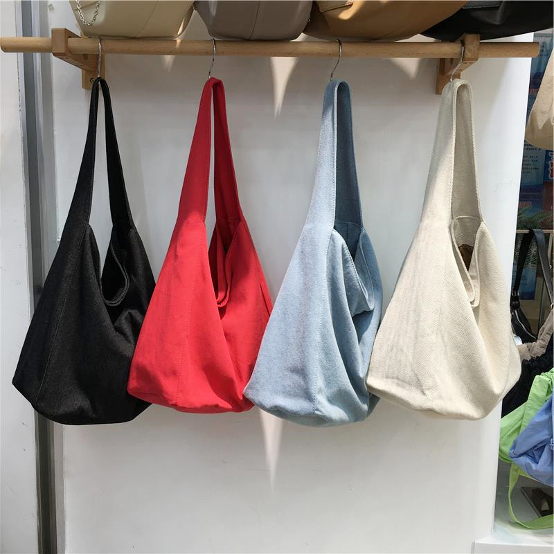 Korean-Style Denim Canvas Tote Bag - Casual Minimalist Large Capacity Shoulder Bag for Students and Everyday Use