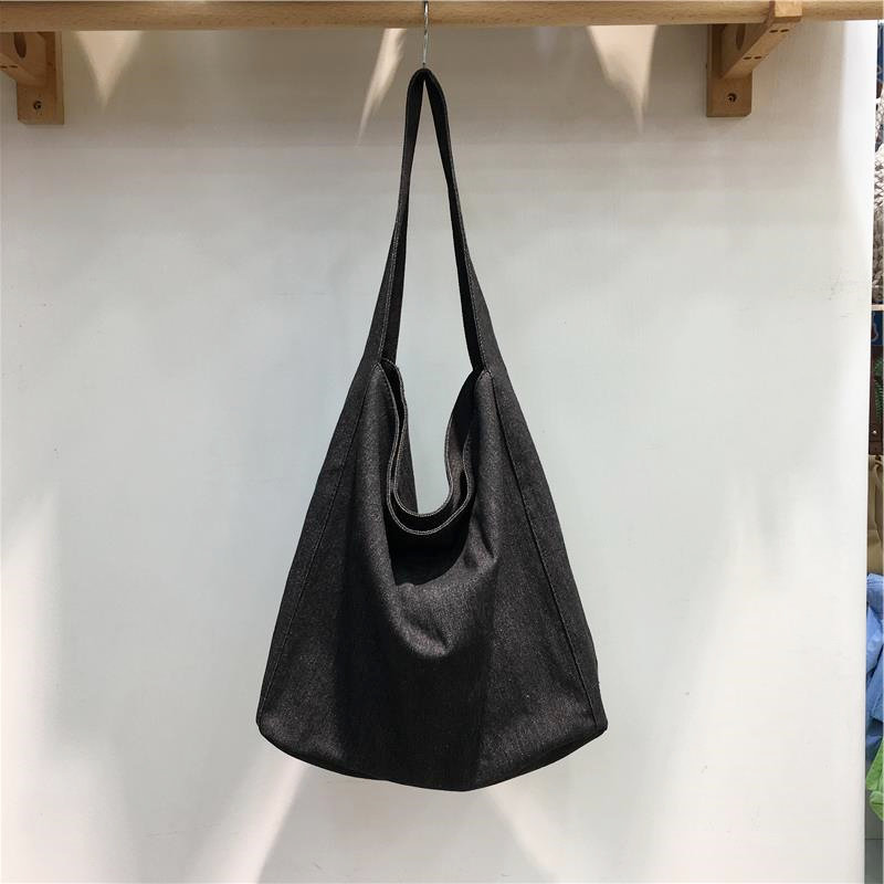 Korean-Style Denim Canvas Tote Bag - Casual Minimalist Large Capacity Shoulder Bag for Students and Everyday Use