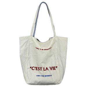 Korean Style Double-Sided Embroidered Canvas Shoulder Bag for Women - Large Capacity Casual Striped Tote for Commuting
