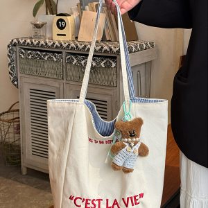 Korean Style Double-Sided Embroidered Canvas Shoulder Bag for Women - Large Capacity Casual Striped Tote for Commuting