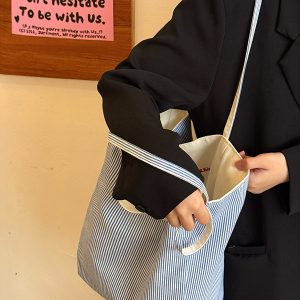 Korean Style Double-Sided Embroidered Canvas Shoulder Bag for Women - Large Capacity Casual Striped Tote for Commuting
