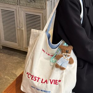 Korean Style Double-Sided Embroidered Canvas Shoulder Bag for Women - Large Capacity Casual Striped Tote for Commuting