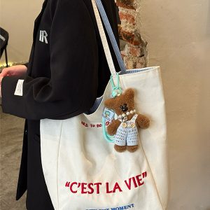 Korean Style Double-Sided Embroidered Canvas Shoulder Bag for Women - Large Capacity Casual Striped Tote for Commuting