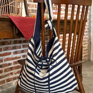 Korean Style Double-Sided Striped Canvas Tote Bag - Large Capacity Bow Shoulder Crossbody Bag for Casual Chic Looks