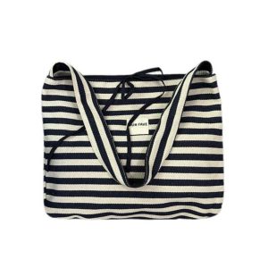 Korean Style Double-Sided Striped Canvas Tote Bag - Large Capacity Bow Shoulder Crossbody Bag for Casual Chic Looks