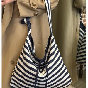 Korean Style Double-Sided Striped Canvas Tote Bag - Large Capacity Bow Shoulder Crossbody Bag for Casual Chic Looks