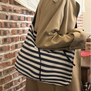 Korean Style Double-Sided Striped Canvas Tote Bag - Large Capacity Bow Shoulder Crossbody Bag for Casual Chic Looks