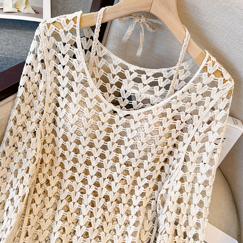 Korean Style Elegant Round Neck Hollow Out Long Sleeve Knitted Top with Built-In Padded Camisole - Summer Fashion Essential Korean Style Elegant Round Neck Hollow Out Long Sleeve Knitted Top with Built-In Padded Camisole - Summer Fashion Essential