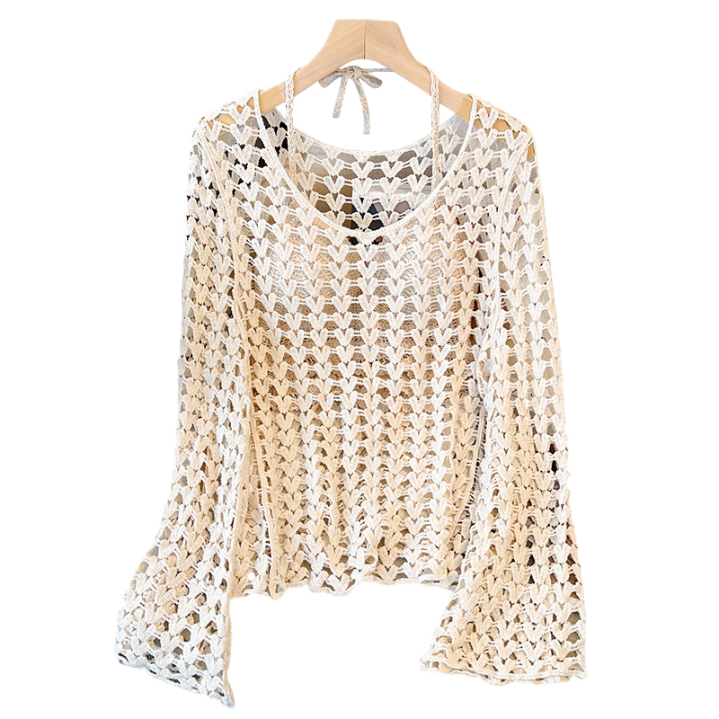 Korean Style Elegant Round Neck Hollow Out Long Sleeve Knitted Top with Built-In Padded Camisole - Summer Fashion Essential Korean Style Elegant Round Neck Hollow Out Long Sleeve Knitted Top with Built-In Padded Camisole - Summer Fashion Essential