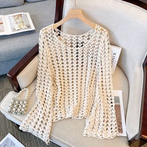 Korean Style Elegant Round Neck Hollow Out Long Sleeve Knitted Top with Built-In Padded Camisole - Summer Fashion Essential