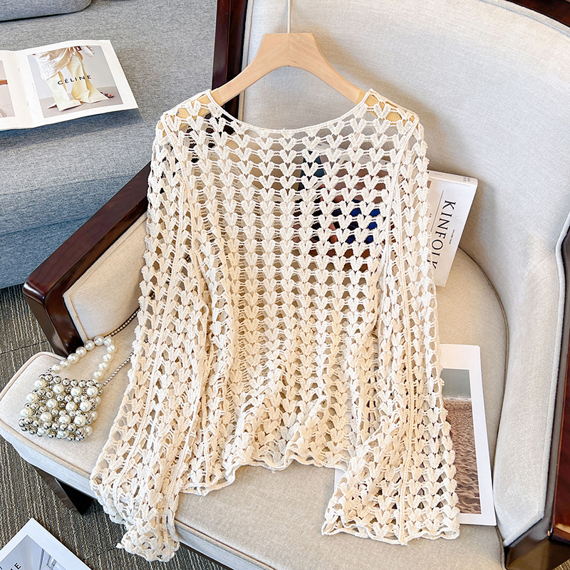 Korean Style Elegant Round Neck Hollow Out Long Sleeve Knitted Top with Built-In Padded Camisole - Summer Fashion Essential Korean Style Elegant Round Neck Hollow Out Long Sleeve Knitted Top with Built-In Padded Camisole - Summer Fashion Essential