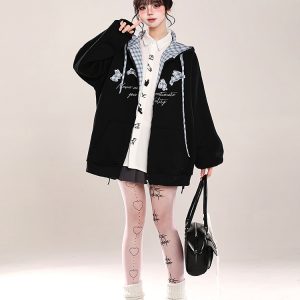 Korean-Style Embroidered Cardigan Hoodie for Women - Casual Loose Fit Spring Jacket, Trendy Age-Reducing Fashion