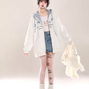 Korean-Style Embroidered Cardigan Hoodie for Women - Casual Loose Fit Spring Jacket, Trendy Age-Reducing Fashion