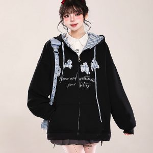 Korean-Style Embroidered Cardigan Hoodie for Women - Casual Loose Fit Spring Jacket, Trendy Age-Reducing Fashion