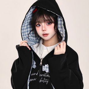 Korean-Style Embroidered Cardigan Hoodie for Women - Casual Loose Fit Spring Jacket, Trendy Age-Reducing Fashion