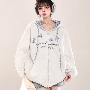 Korean-Style Embroidered Cardigan Hoodie for Women - Casual Loose Fit Spring Jacket, Trendy Age-Reducing Fashion
