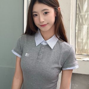 Korean Style Embroidered Polo Collar Short Sleeve T-Shirt for Women, Slim Fit Spliced Two-Piece Summer College Look