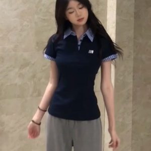 Korean Style Embroidered Polo Collar Short Sleeve T-Shirt for Women, Slim Fit Spliced Two-Piece Summer College Look