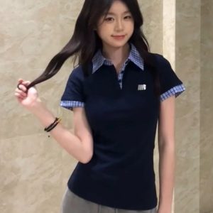 Korean Style Embroidered Polo Collar Short Sleeve T-Shirt for Women, Slim Fit Spliced Two-Piece Summer College Look