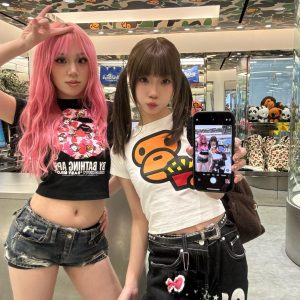 Korean Style Fun Fries Cartoon Print Slim Fit Cotton Top for Spicy Girls - High Elastic Short Sleeve Shirt