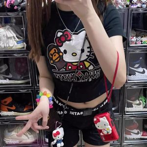 Korean Style Fun Fries Cartoon Print Slim Fit Cotton Top for Spicy Girls - High Elastic Short Sleeve Shirt