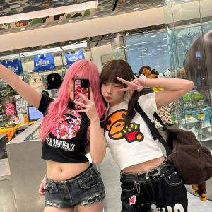 Korean Style Fun Fries Cartoon Print Slim Fit Cotton Top for Spicy Girls - High Elastic Short Sleeve Shirt