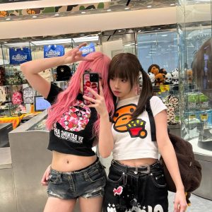 Korean Style Fun Fries Cartoon Print Slim Fit Cotton Top for Spicy Girls - High Elastic Short Sleeve Shirt