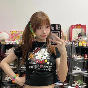 Korean Style Fun Fries Cartoon Print Slim Fit Cotton Top for Spicy Girls - High Elastic Short Sleeve Shirt