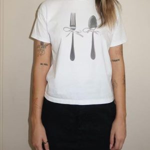 Korean Style Fun Print Bowknot Short-Sleeved Slim-Fit High-Stretch Cotton T-Shirt for Casual Wear