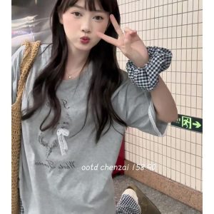 Korean-Style Gray Short Sleeve T-Shirt with Lace Spliced Unique Shoulders - Trendy Summer 2025 Women's Internet Celebrity Top