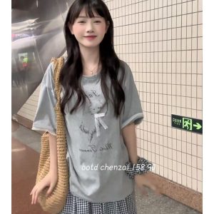 Korean-Style Gray Short Sleeve T-Shirt with Lace Spliced Unique Shoulders - Trendy Summer 2025 Women's Internet Celebrity Top