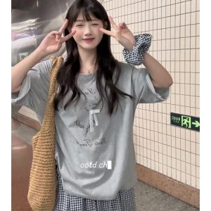 Korean-Style Gray Short Sleeve T-Shirt with Lace Spliced Unique Shoulders - Trendy Summer 2025 Women's Internet Celebrity Top