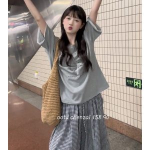 Korean-Style Gray Short Sleeve T-Shirt with Lace Spliced Unique Shoulders - Trendy Summer 2025 Women's Internet Celebrity Top