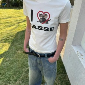 Korean Style Heart Cat Cartoon Print Slim Fit Pure Cotton High Stretch Short Sleeve T-Shirt for Women