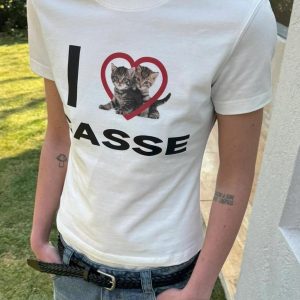 Korean Style Heart Cat Cartoon Print Slim Fit Pure Cotton High Stretch Short Sleeve T-Shirt for Women